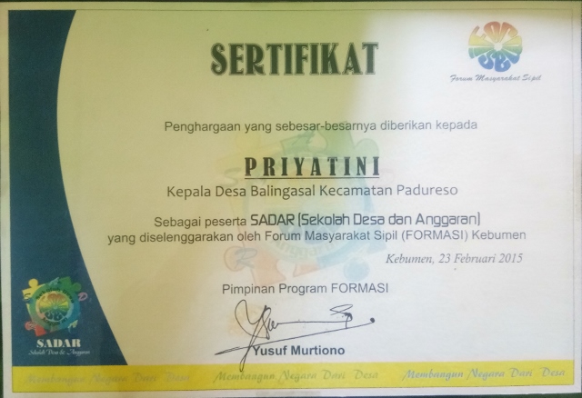 Piagam Penghargaan Dan Sertifikat Website Resmi Desa Balingasal Kecamatan Padureso Kabupaten Kebumen